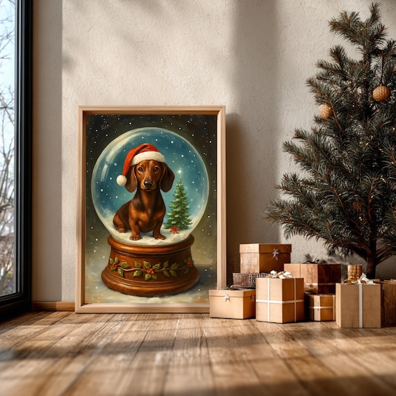 Dachshund Snow Globe Santa Hat Christmas Puppy Vintage Wall Art