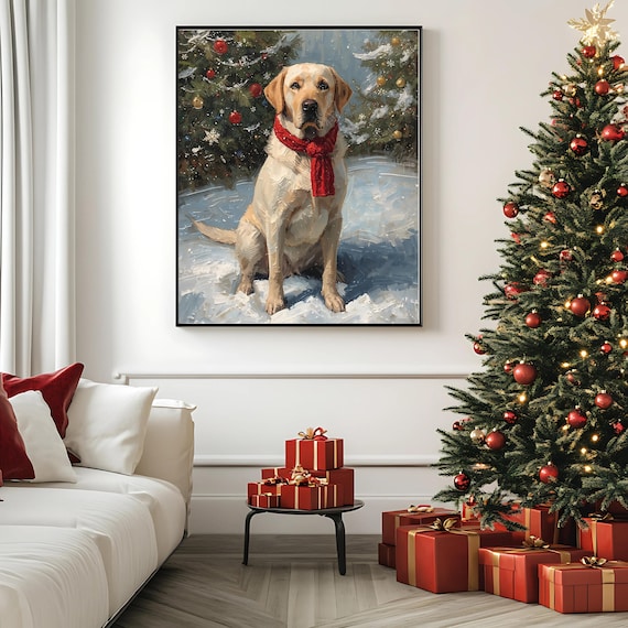 Yellow Labrador Christmas Red Scarf Snow Holiday Dog Portrait Poster