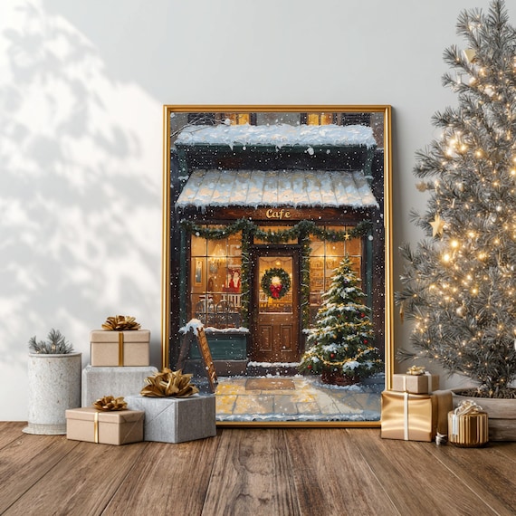 Cozy Christmas Cafe Storefront in Snow Holiday Poster Wall Decor