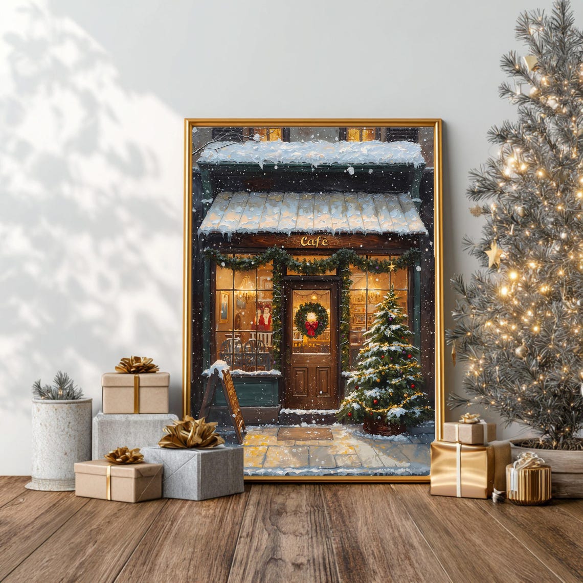 Cozy Christmas Cafe Storefront in Snow Holiday Poster Wall Decor