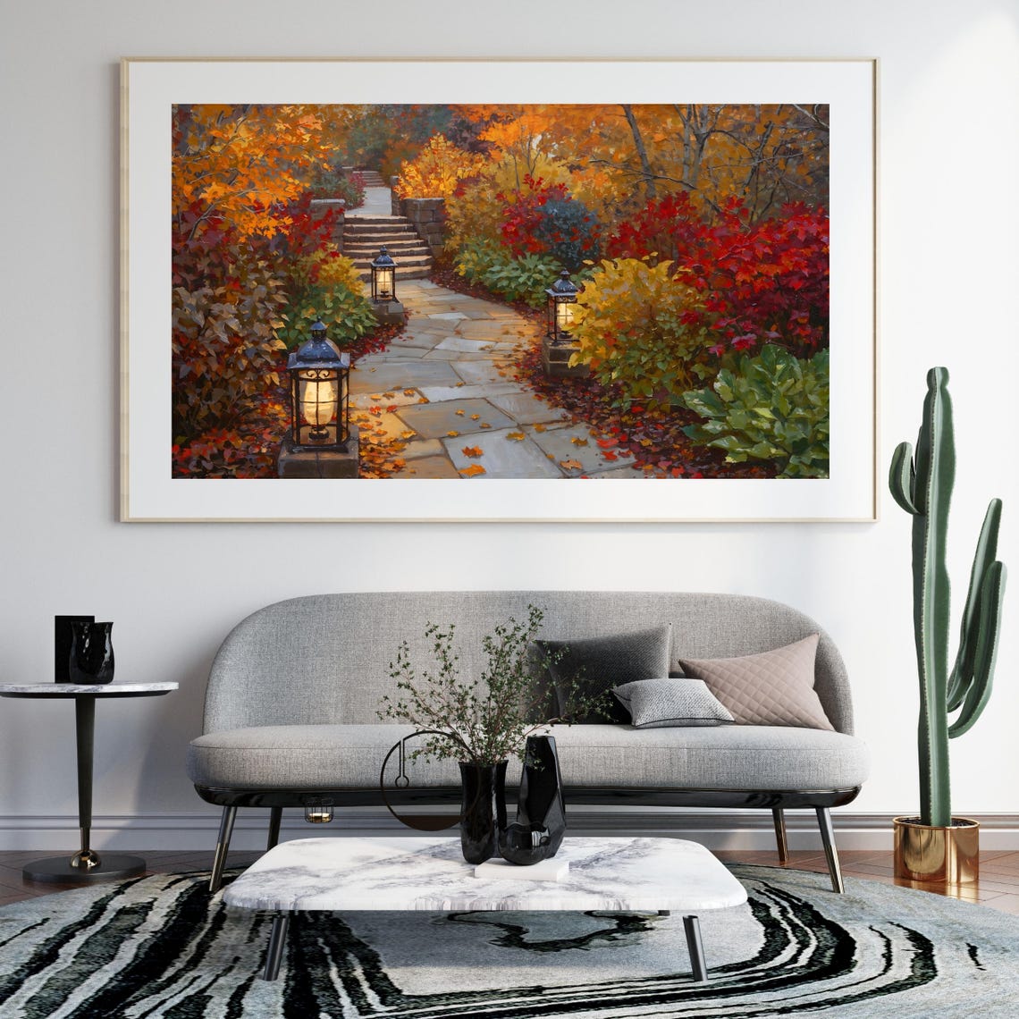 Autumn Garden Stone Path With Glowing Lanterns Painting Poster