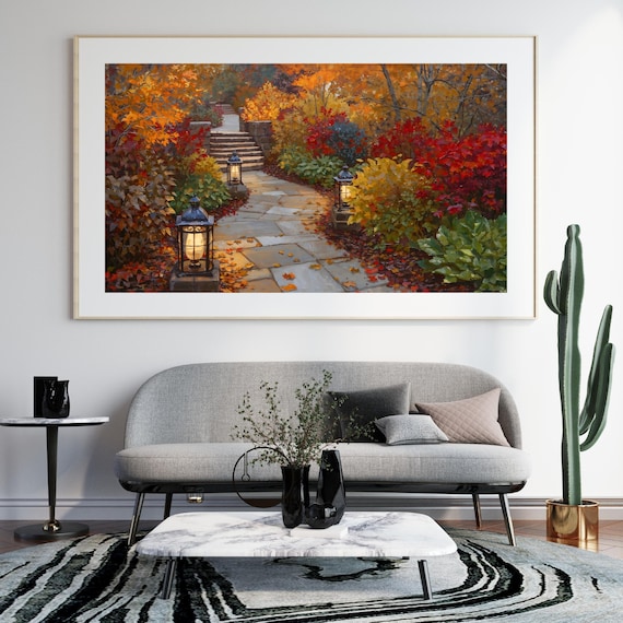 Autumn Garden Pathway Cozy Fall Landscape Print Lanternlit Stone Walkway Warm Wall Decor Art Image