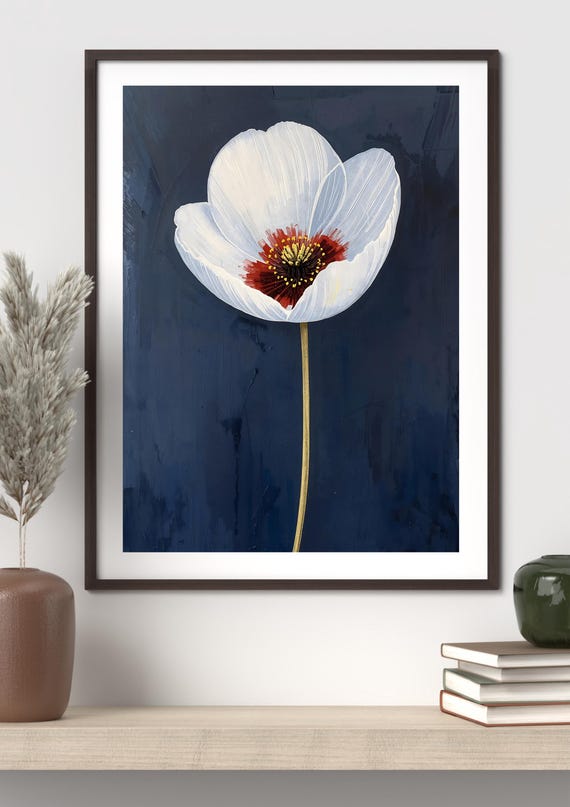 Minimalist White Flower Botanical Art Print, Modern