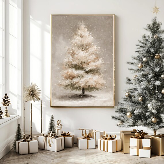Snow Covered Christmas Tree Wall Art Minimalist Neutral Winter Scandinavian Decor Beige Instant