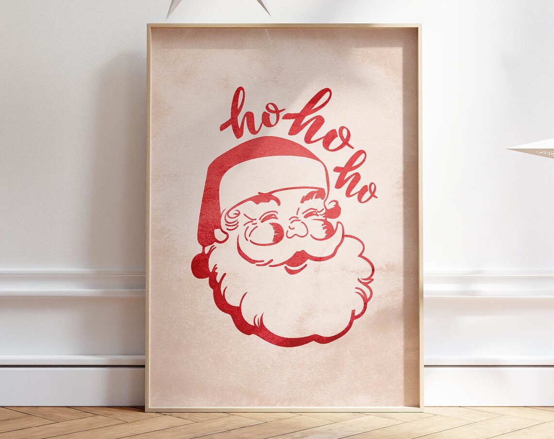 Retro Santa Claus Ho Ho Ho Red Line Art Christmas Holiday Poster