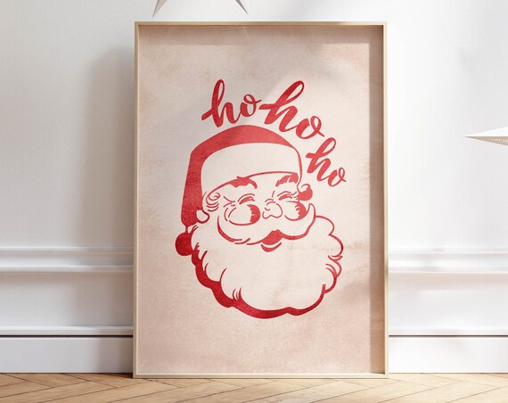 Retro Santa Claus Ho Ho Ho Red Line Art Christmas Holiday Poster