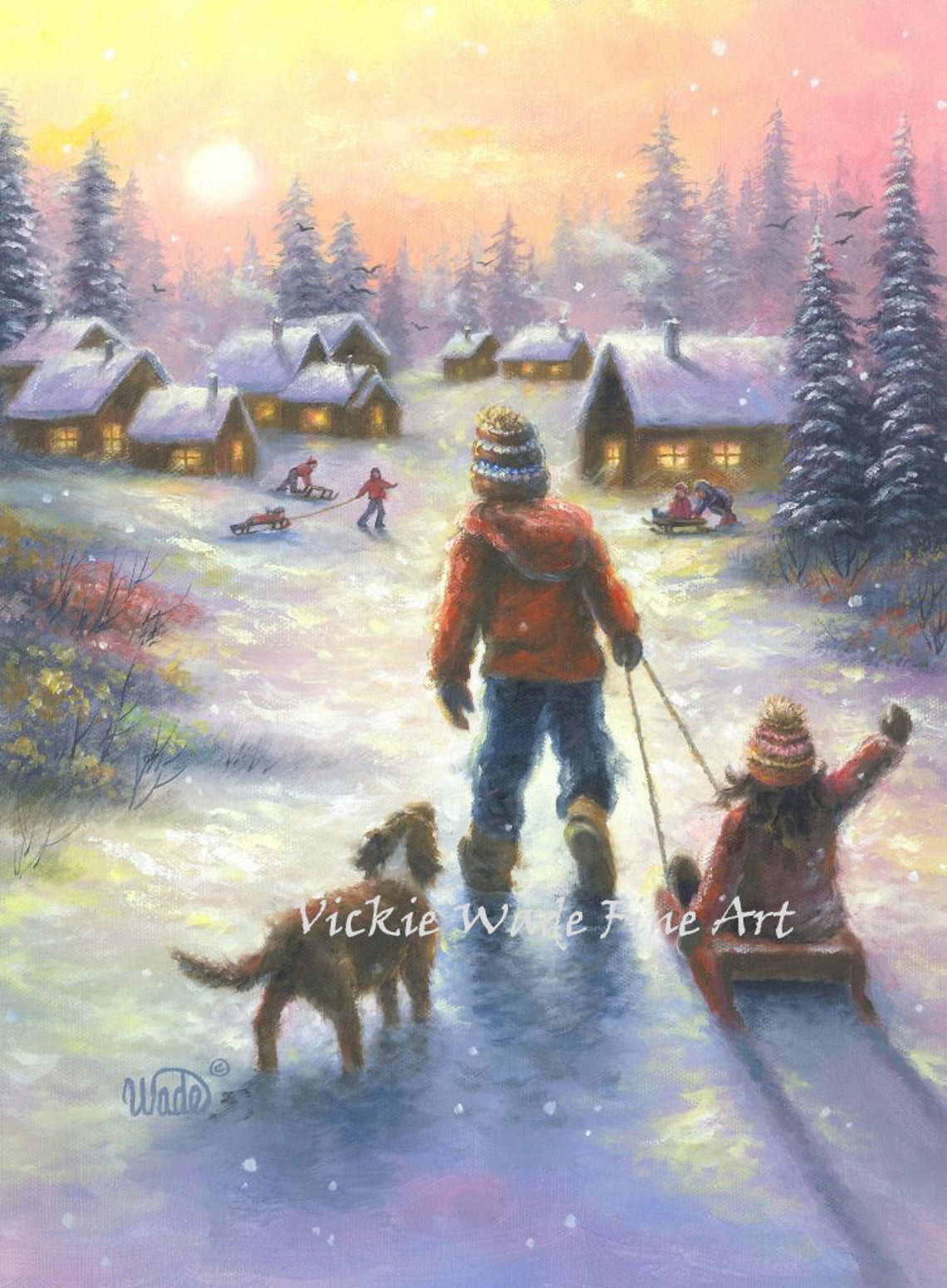 Children Sledding Together at a Cozy Snowy Village at Sunset Poster