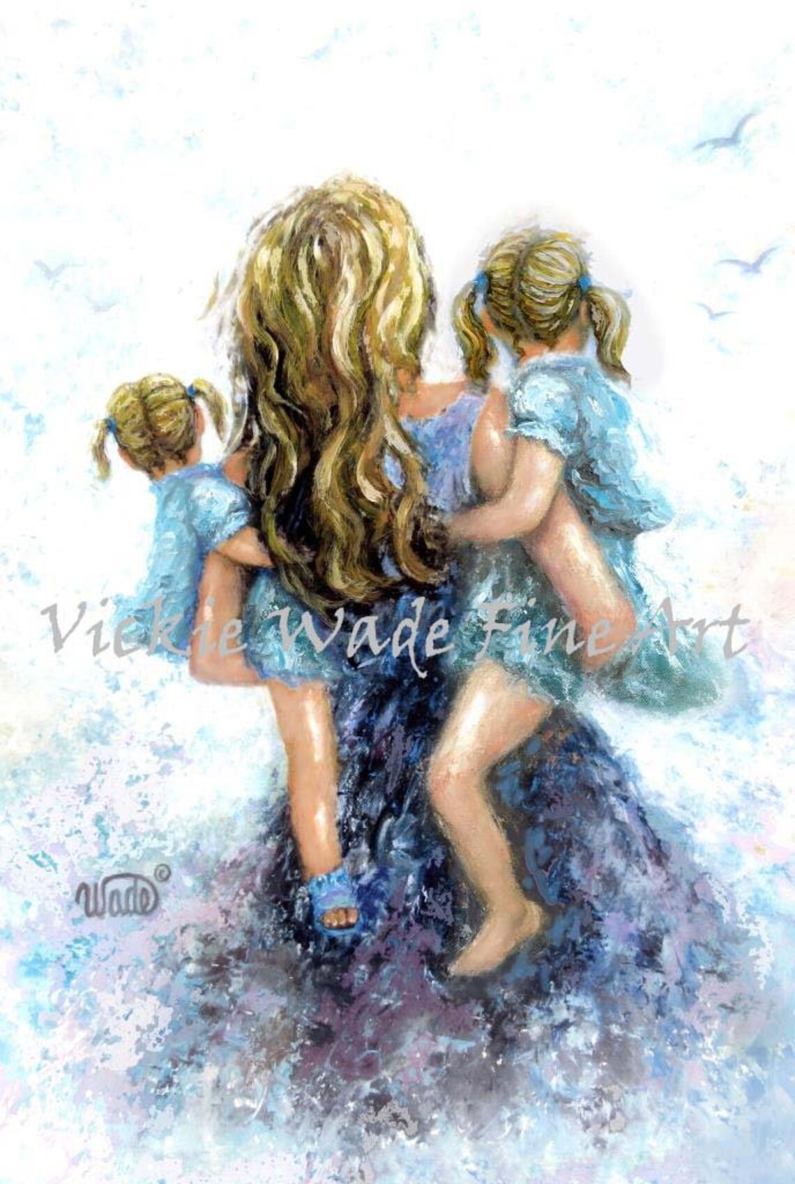 Mother Two Daughters Art Print Mother Carrying Two Girls Two Sisters Blonde Mom Redhead Girl Mothers Day Gift Vickie Wade Art