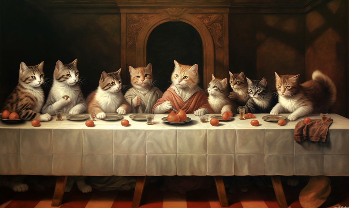 Cats Last Supper Funny Historic Wall Art Print - Image 2