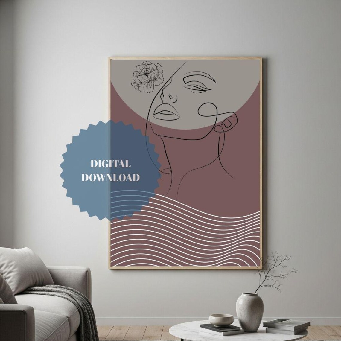 Abstract Female Face One-Line Art with Peony Minimalist Boho Print