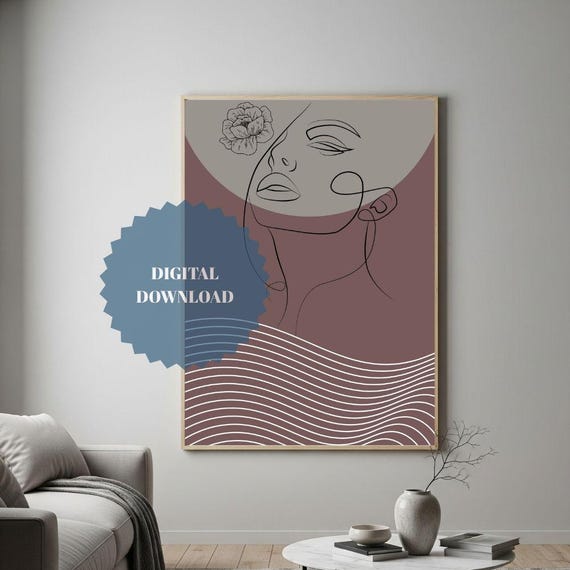 Abstract Female Face Line Art Print Minimalist Floral Decor
