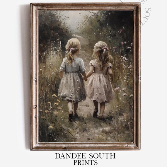 Two Sisters Holding Hands in Wildflower Meadow Vintage Art Print