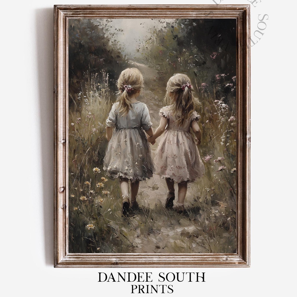 Two Sisters Holding Hands in Wildflower Meadow Vintage Art Print