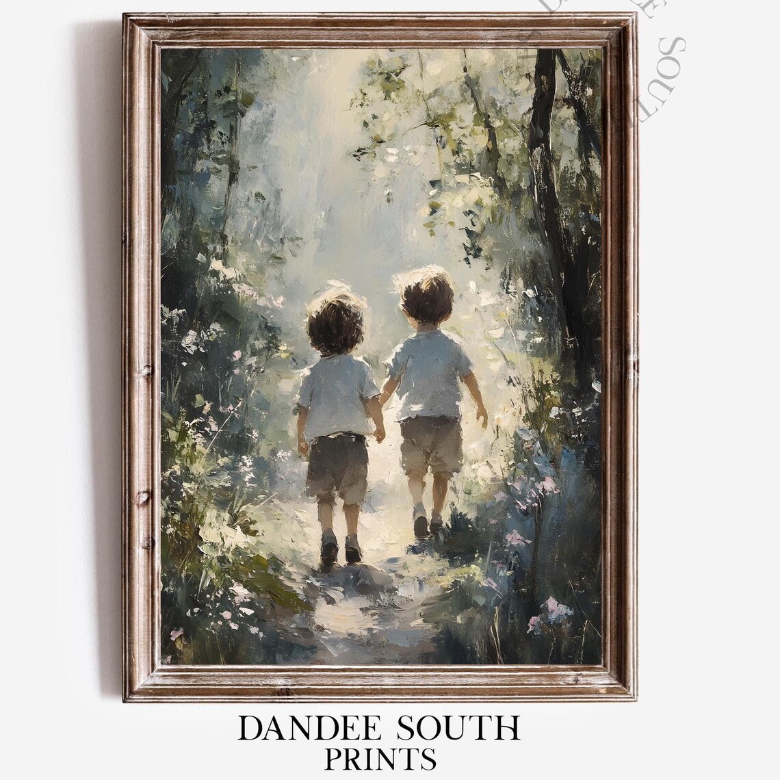 Two Children Walking Sunlit Forest Path Tender Oil Painting Poster