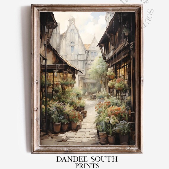 Flower Market Village Alley Watercolor Blooming Street Vintage Art Print