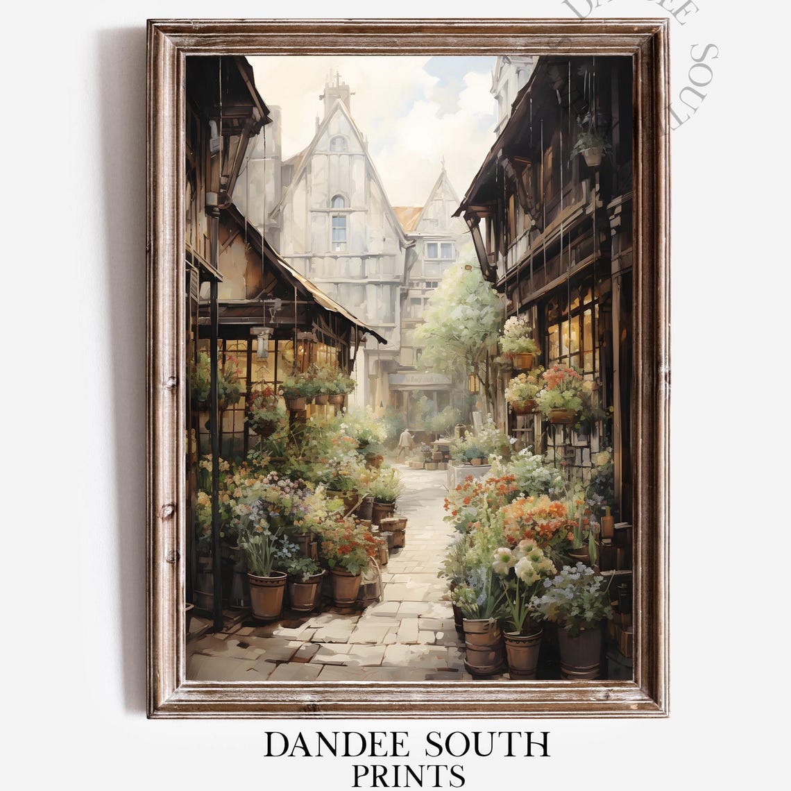 Flower Market Wall Art Village Street Painting Floral Landscape Vintage Print Antique Farmhouse 143