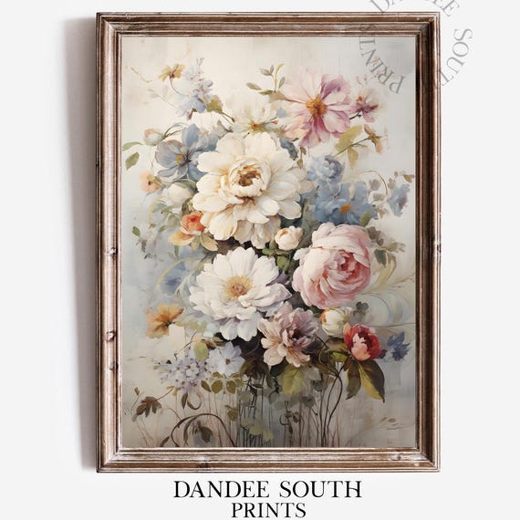 Vintage Floral Spring Flowers Art Print, Antique Farmhouse Decor