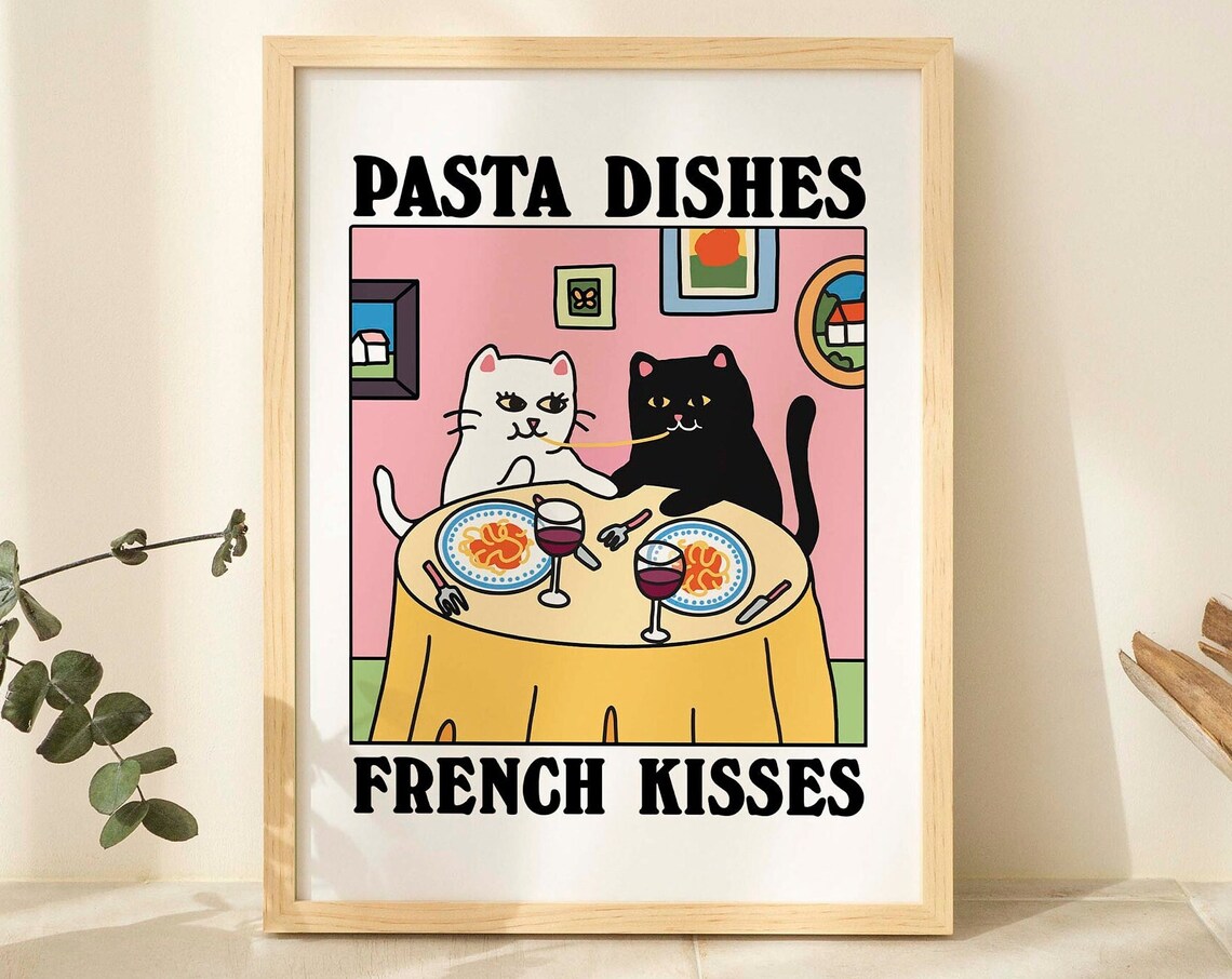 Pasta Dishes French Kisses Funny Cats Dinner Date Wall Art Print