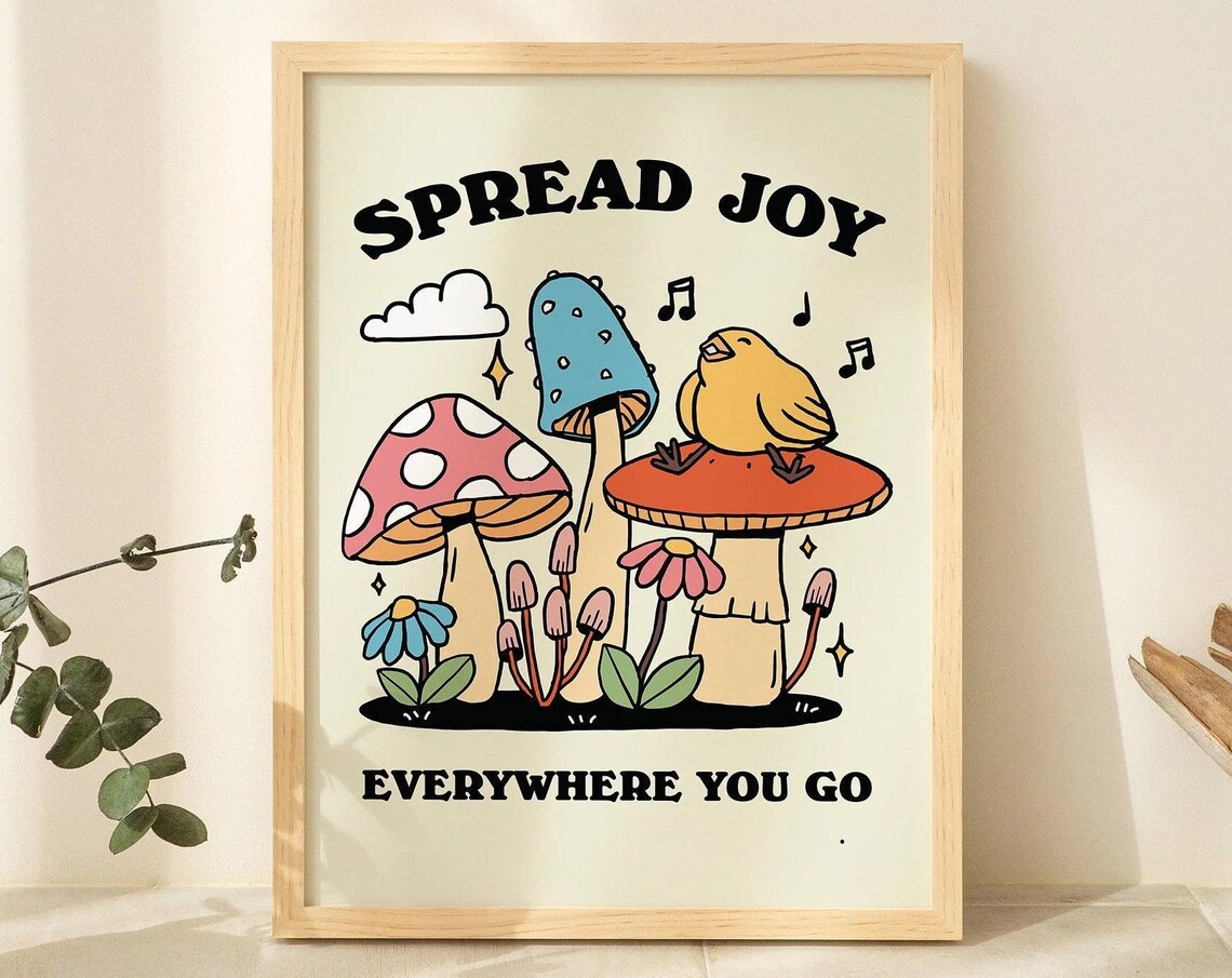 Groovy Mushroom Print, Retro Cottagecore Wall Art