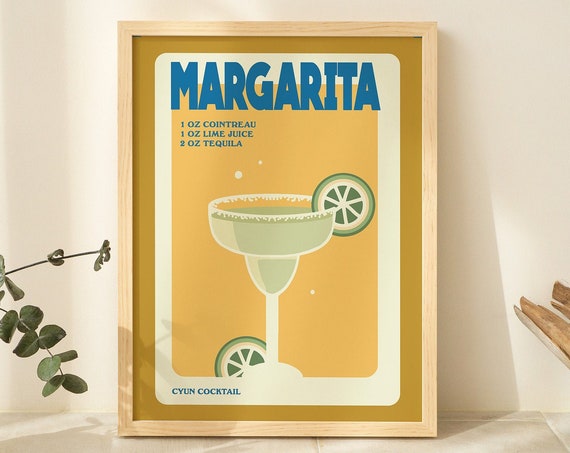 Retro Margarita Poster, Minimalist Cocktail Recipe Card