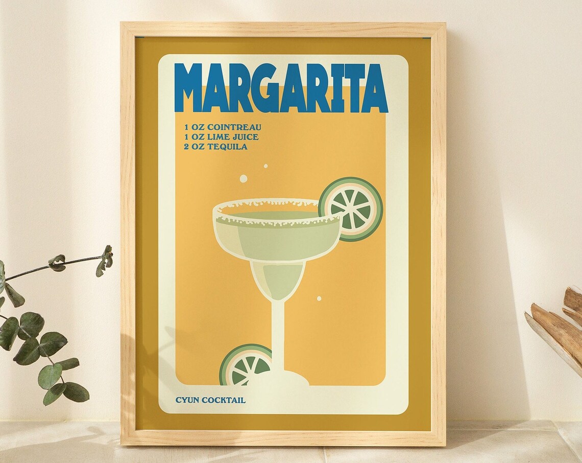 Retro Margarita Poster, Minimalist Cocktail Recipe Card