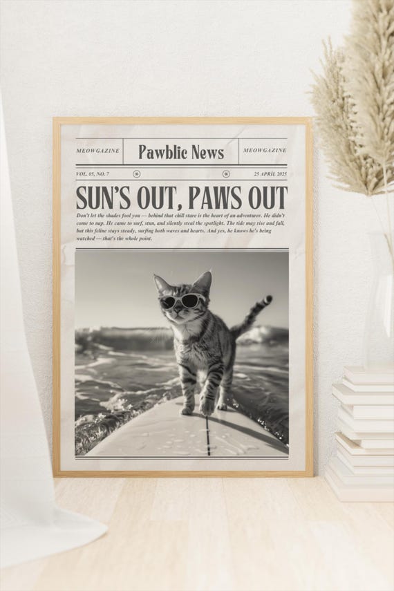 Funny Surfing Cat Newspaper Print Beach Coastal Decor
