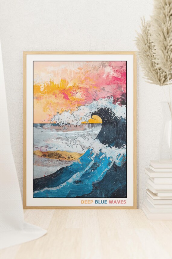 Deep Blue Waves Sunset Ocean Curl Bold Coastal Painting Wall Art