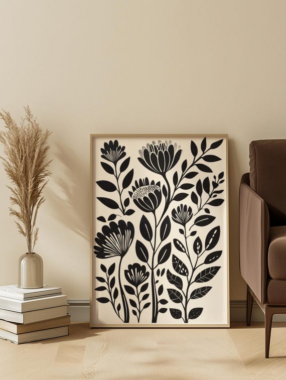 Beige Black Botanical Line Art Print Modern Boho Wall Decor 20x28