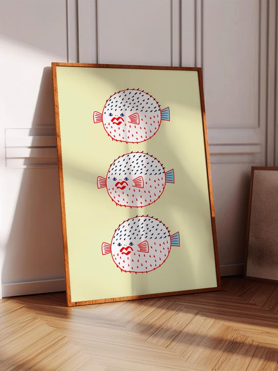 Cute Pufferfish Art Print Home Decor Kids Nursery Gift For Her Bedroom Kitchen Living Room House Warming Sealife Illustration Ocean