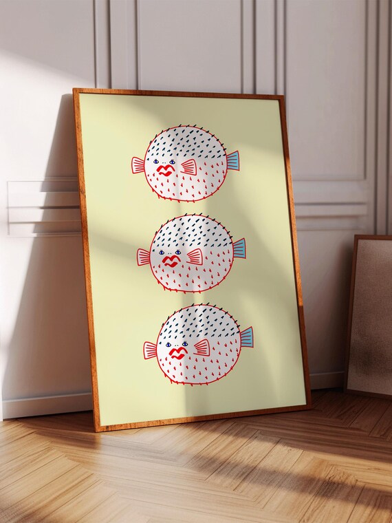 Three Round Pufferfish Faces Cute Playful Ocean Animal Art Poster