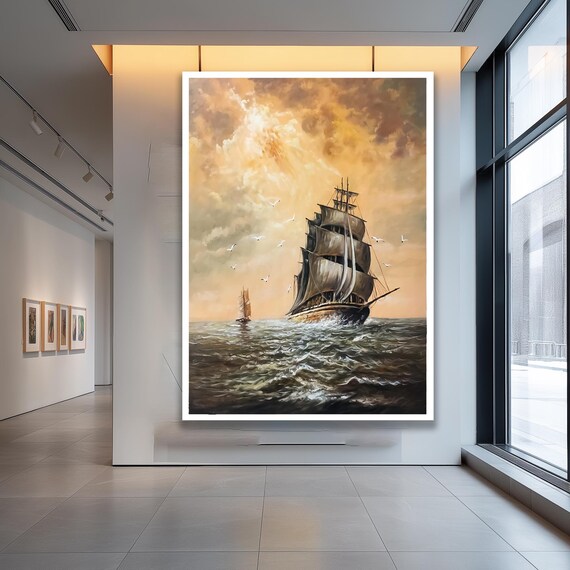 Vintage Sailing Ship Ocean Voyage Seascape Golden Sunset Poster