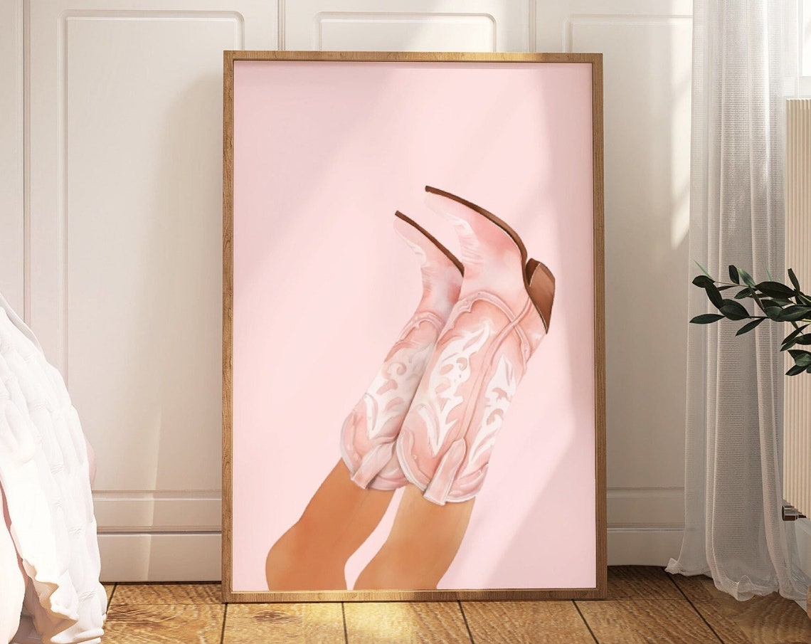 Pink Cowgirl Boots Illustration Embroidered Western Art Poster