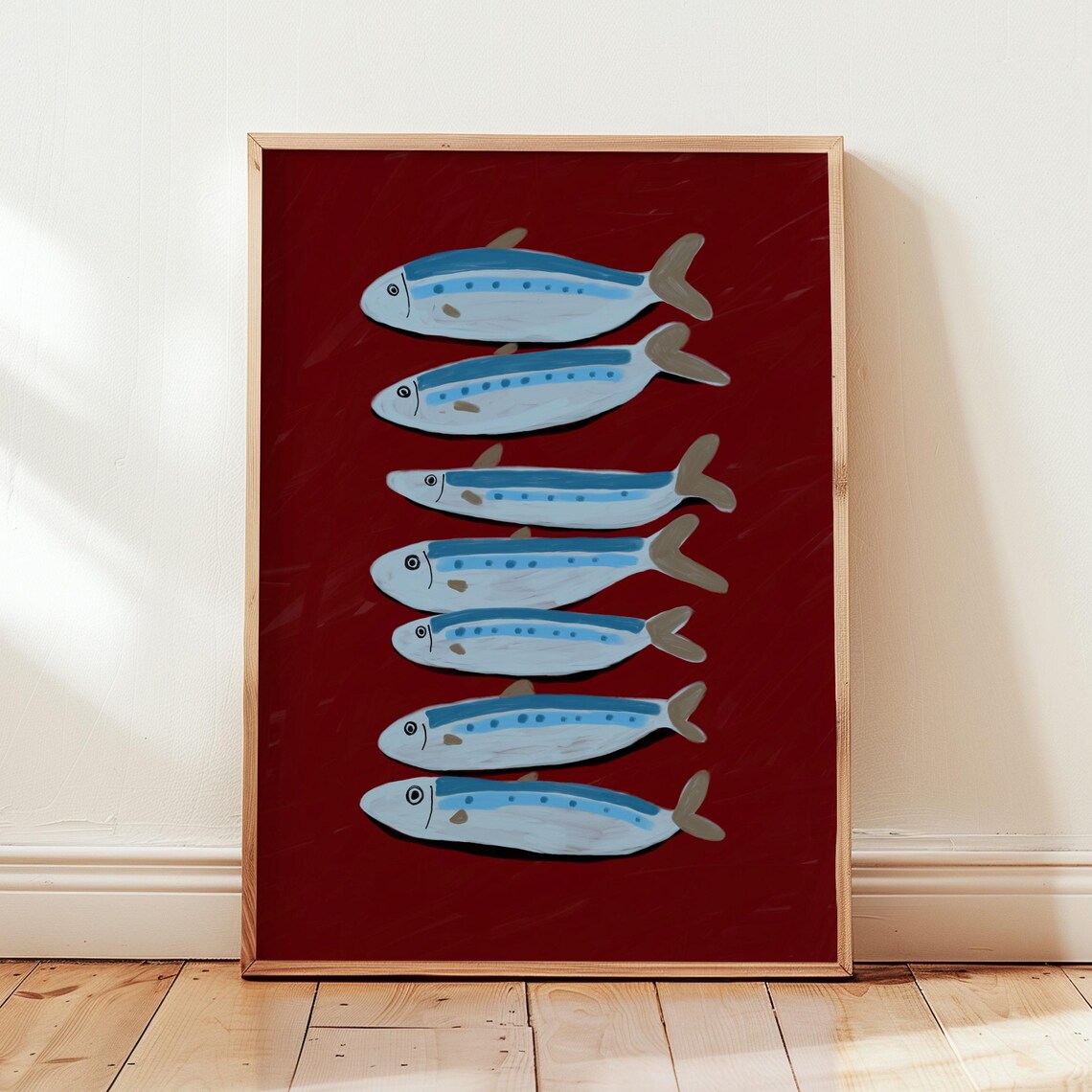 Sardines Kitchen Art Poster Seven Blue Fish Cherry Red Hand Painted