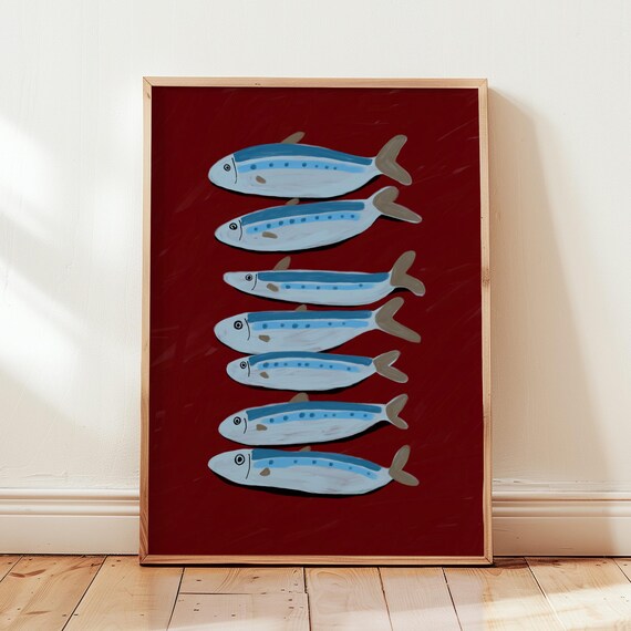 Sardines Art Print Sardine Painting Kitchen Wall Dark Cherry Red Restaurant Fish Apartment Decor Gift