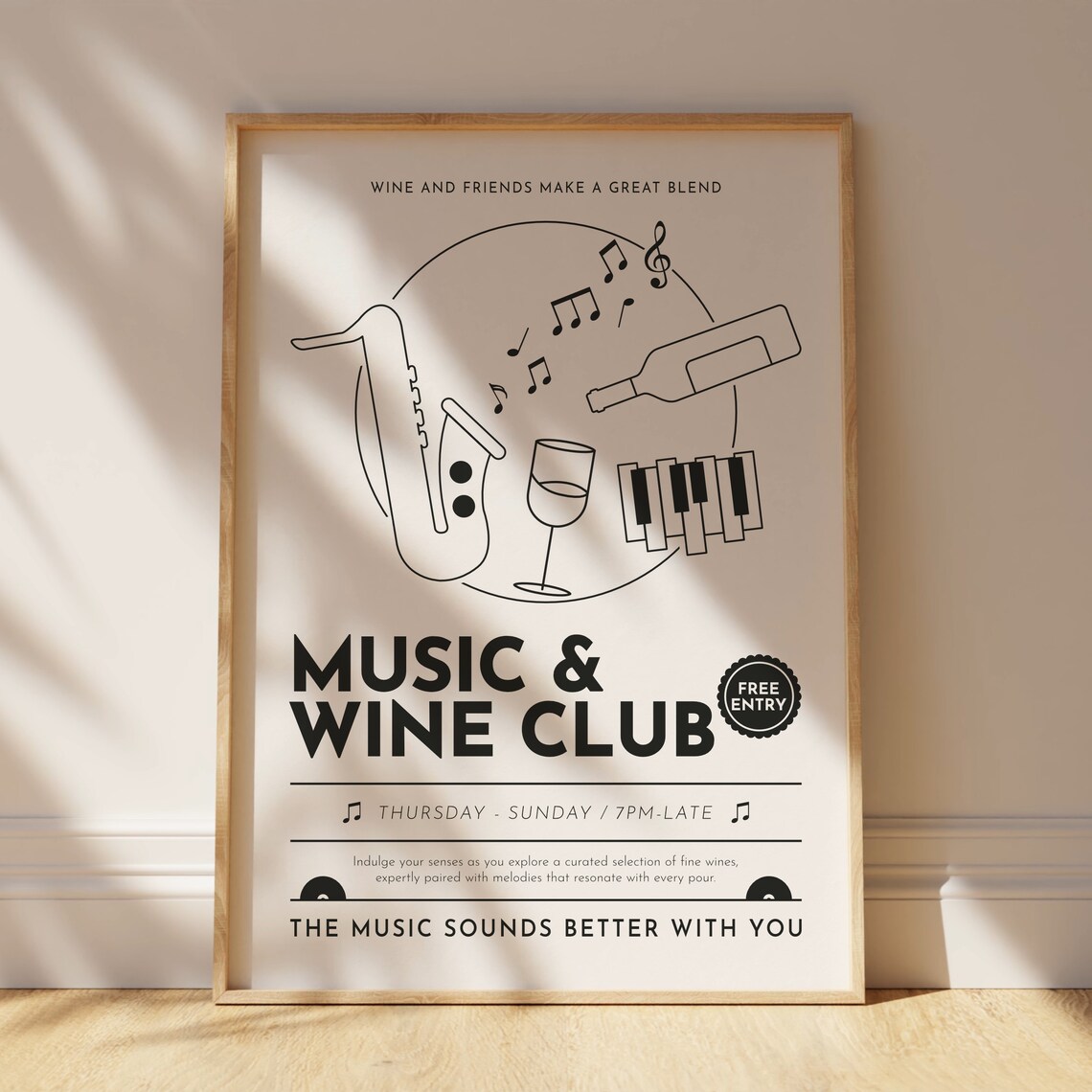 Black and White Music and Wine Club Jazz Evening Line Art Poster - Image 3