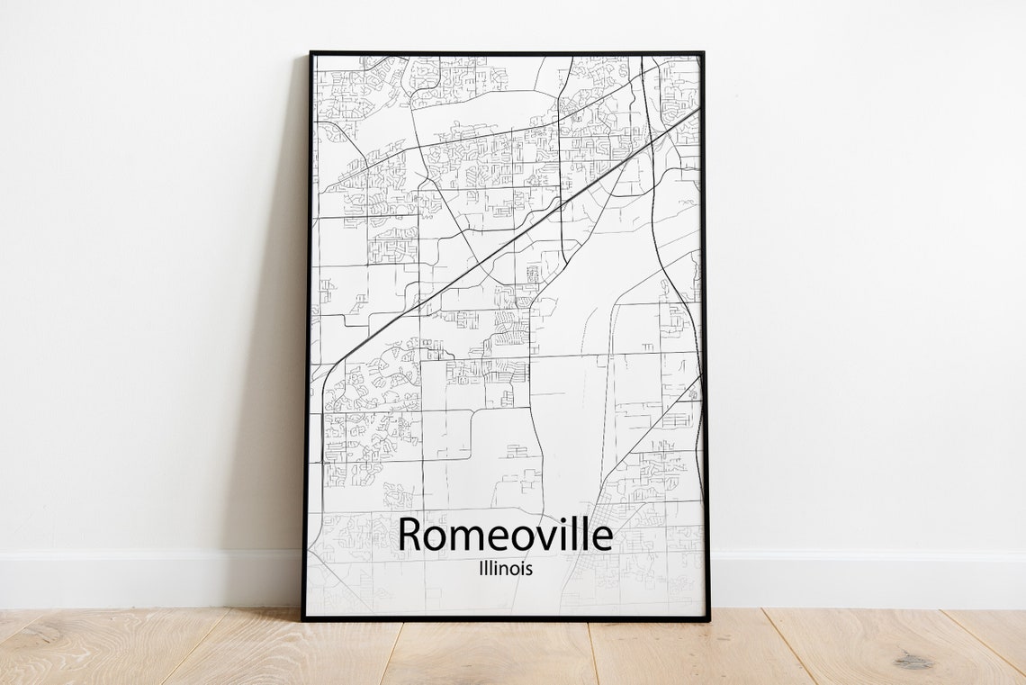 Romeoville Illinois Minimalist Black and White City Street Map Poster
