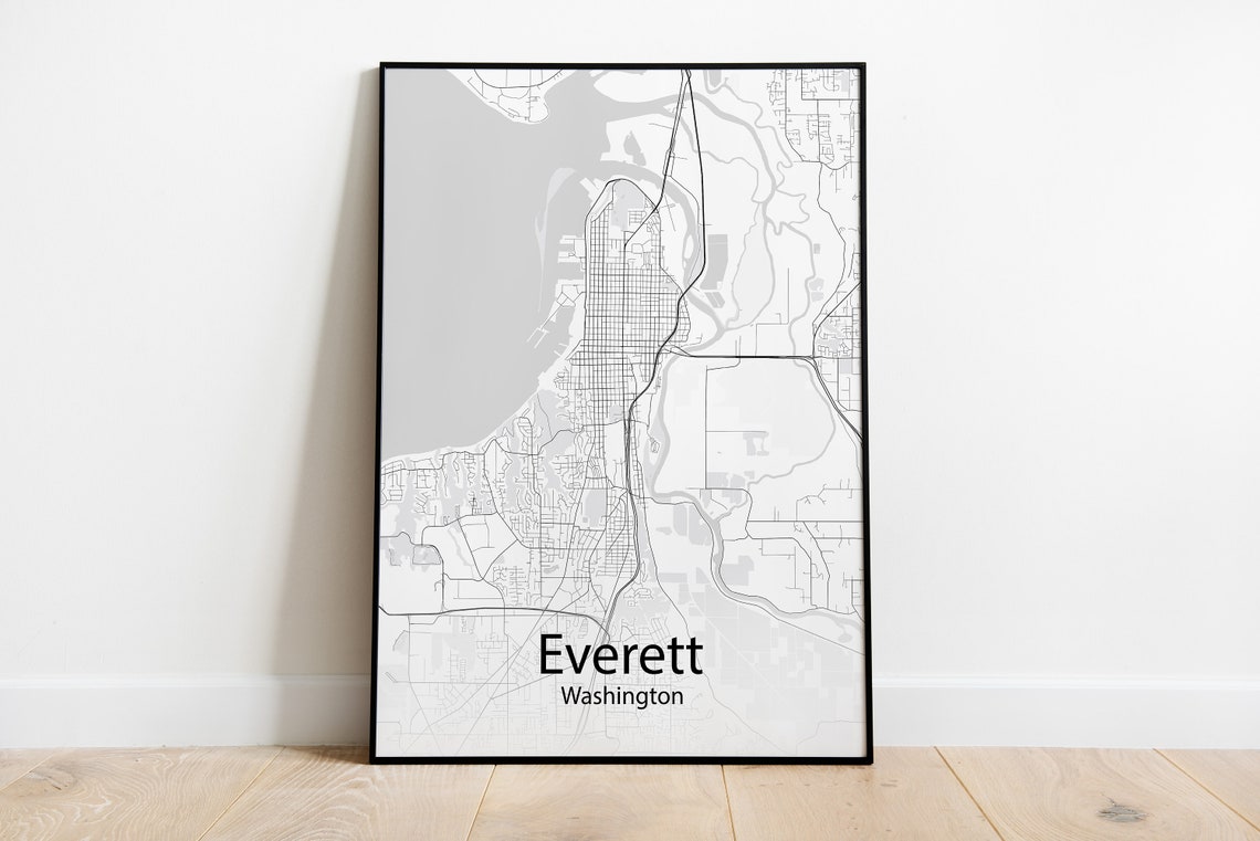 Everett Washington Minimalist Black and White City Map Art Print Gift