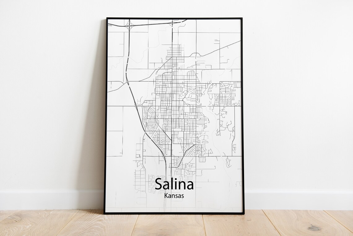 Salina Kansas Black and White Minimalist City Street Map Art Poster