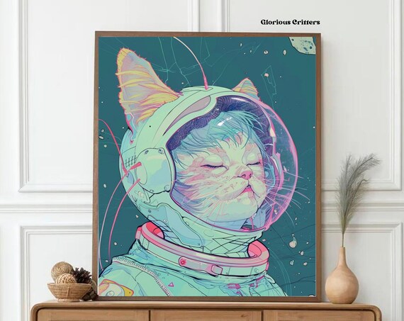 Serene Mint Cream Cat Astronaut Neon Space Helmet Anime Poster