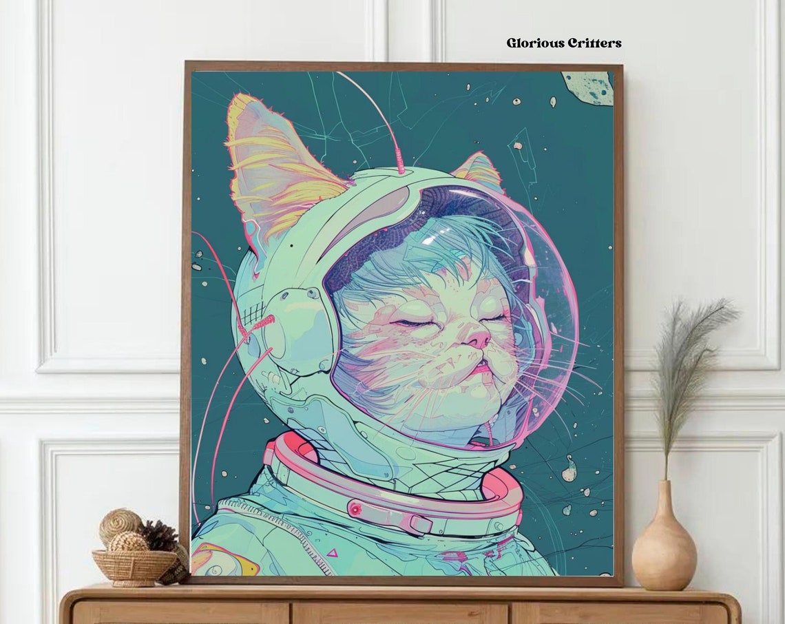 Serene Mint Cream Cat Astronaut Neon Space Helmet Anime Poster
