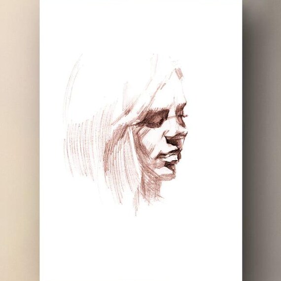 Sepia Girl Sketch Portrait Minimalist Brown Charcoal Drawing Art Print