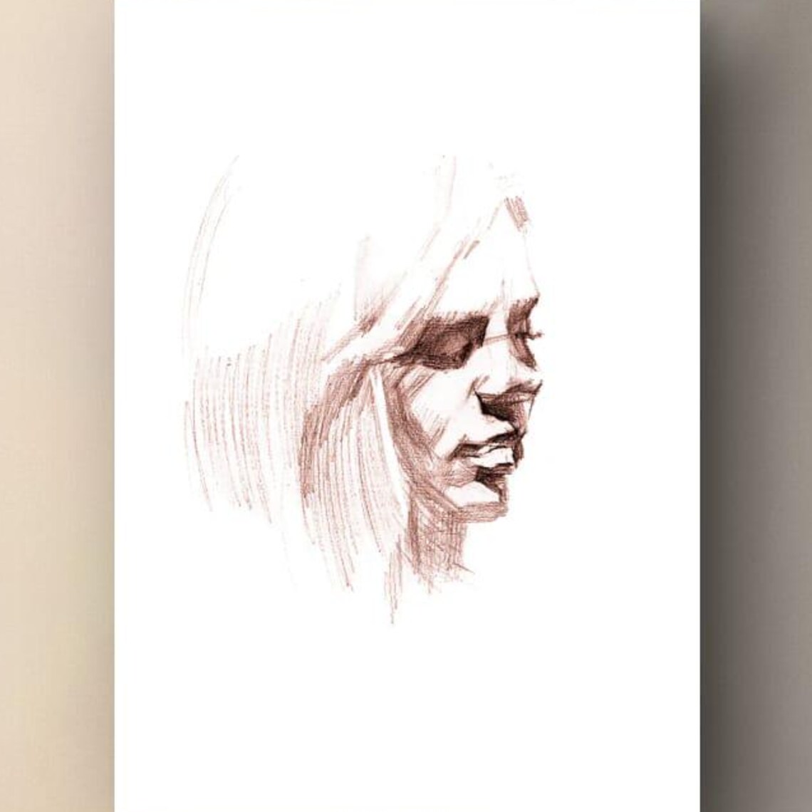 Sepia Girl Sketch Portrait Minimalist Brown Charcoal Drawing Art Print