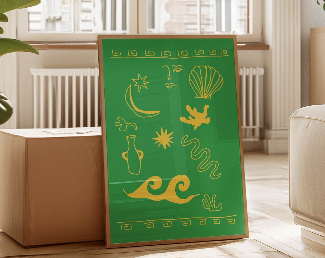 Greek Coastal Icons Gold Line Art on Green Shell Moon Poster