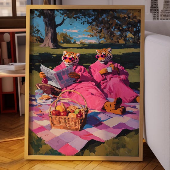 Tiger Wall Art Whimsical Picnic Cozy Pink Robes Sunglasses Relaxing Outdoor Scene Fun Animal Dopamine Decor