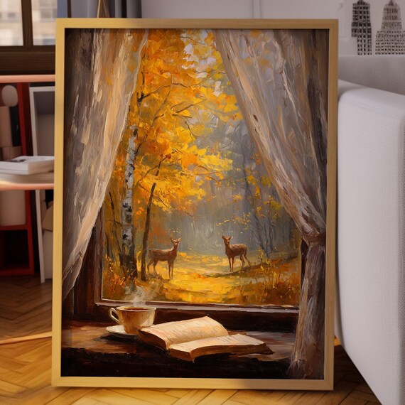Autumn Forest Deer Viewed From a Cozy Window Painting Poster