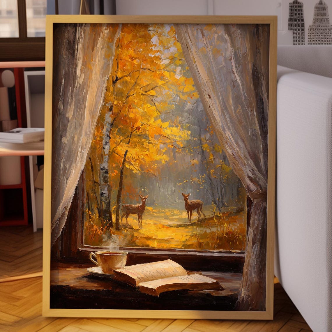 Autumn Forest Deer Viewed From a Cozy Window Painting Poster