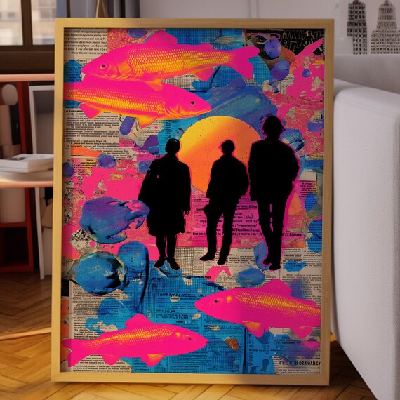 Neon Collage Wall Art Retro Pop Print With Bright Fish And Silhouettes Colorful Abstract Poster Funky 80s Home Decor