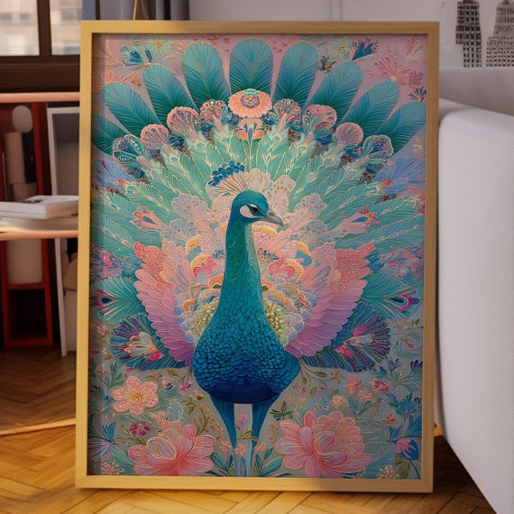 Peacock Wall Art Colorful Folk Style Bird Print Boho Pastel Home Dcor Vibrant Exotic Feathers Illustration For Living Room