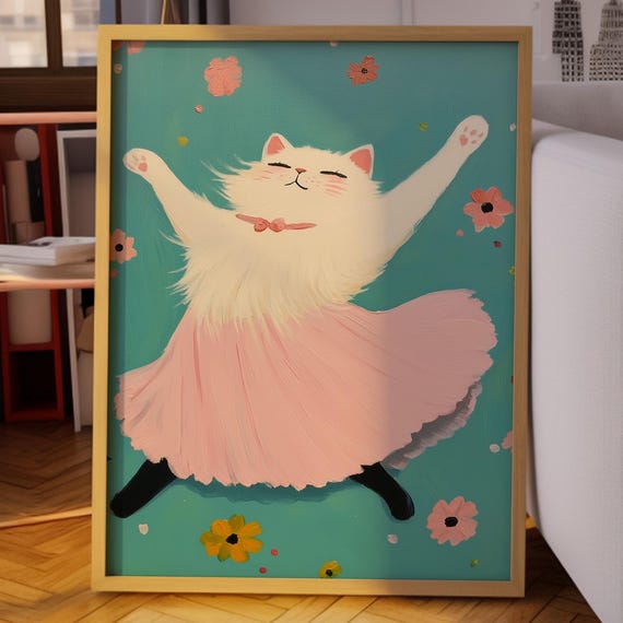 Dancing Cat In Pink Dress Art Print Whimsical White Kitty Wall Decor Cute Floral Nursery Poster Playful Animal Illustration