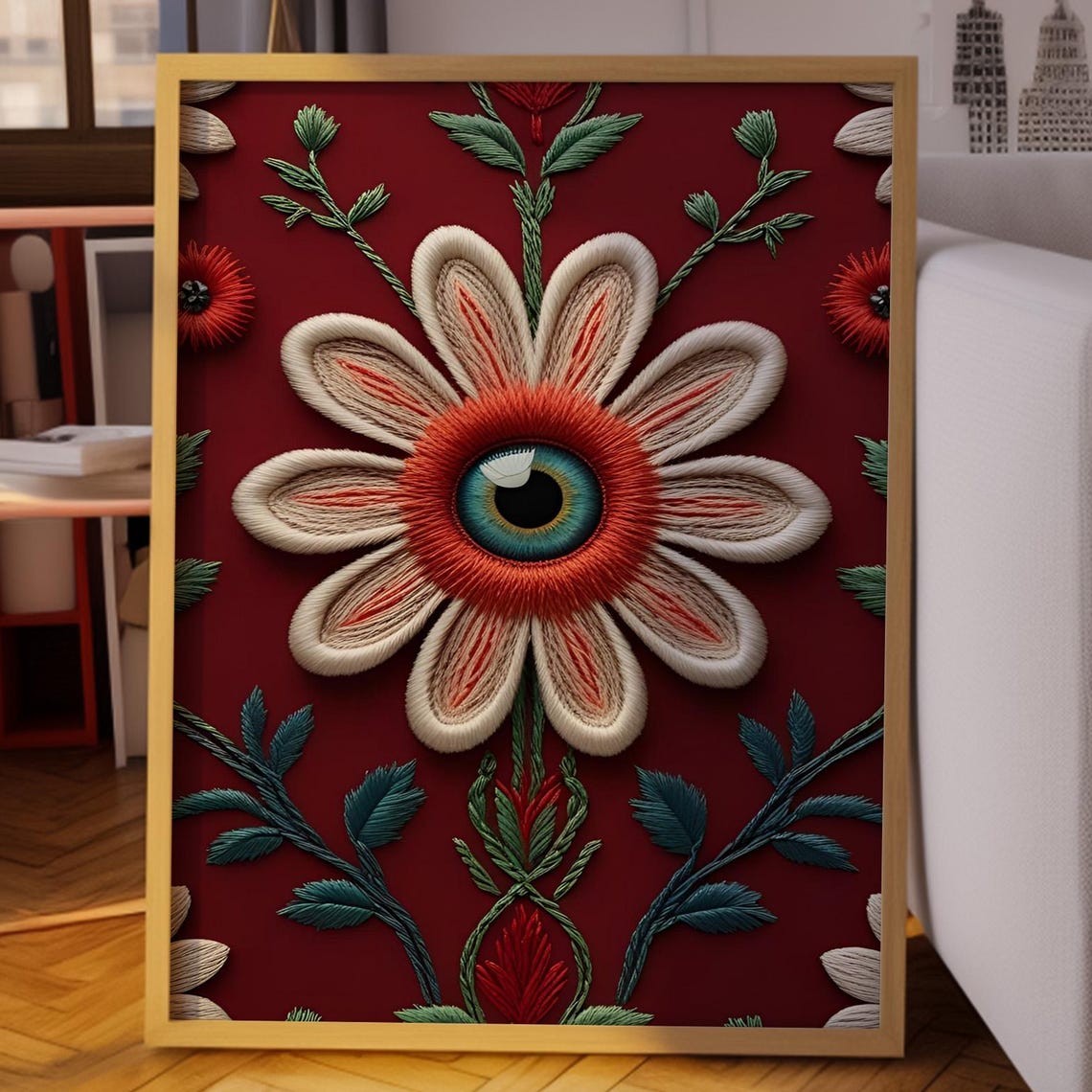 Embroidered Daisy With Eye On Burgundy Folk Floral Surreal Poster